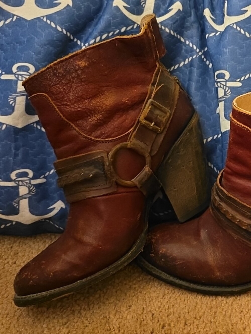 Freebird by Steven Distressed Brown Leather Ring-Strap Ankle Boots
